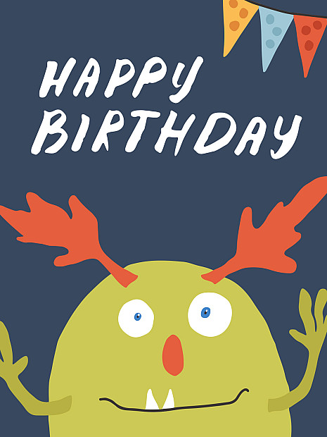 Cartoonartige grüne Kreatur mit rotem Geweih und Schriftzug „Happy Birthday"