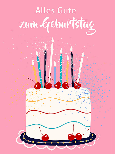 Geburtstagstorte mit Kirschen und bunten Kerzen, Schriftzug „Alles Gute zum Geburtstag"