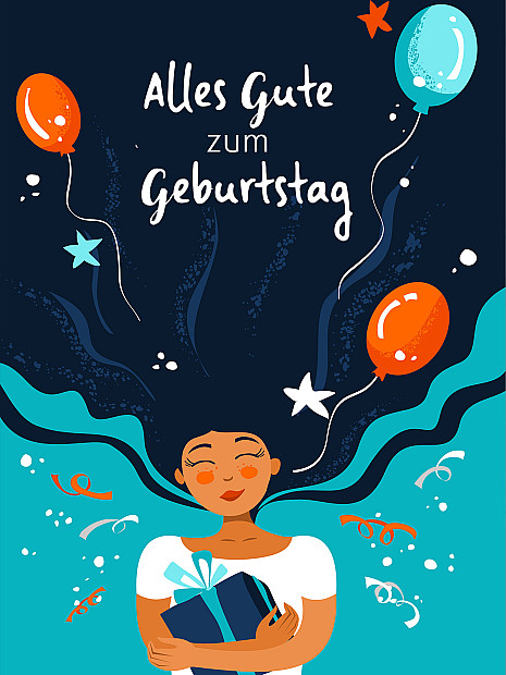 Person mit Geschenk, umgeben von Luftballons und Sternen, Schriftzug „Alles Gute zum Geburtstag"