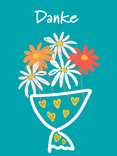 Bunte Illustration eines Blumenstraußes mit Schriftzug „Danke"