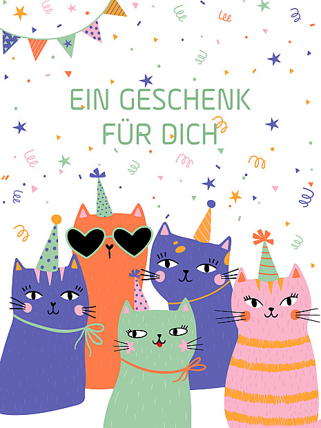 Fünf feiernde Katzen mit Partyhüten und Schriftzug „Ein Geschenk für dich"